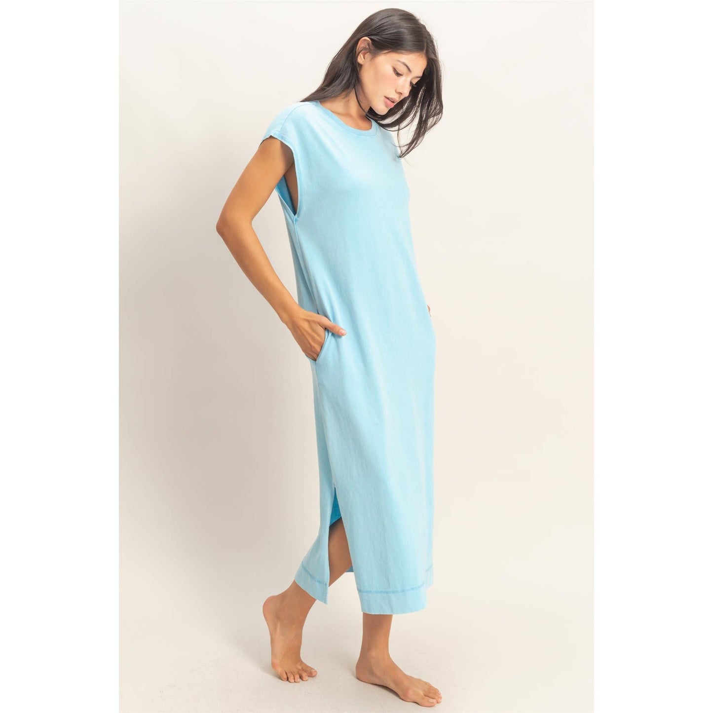 Mineral Wash Cap Sleeve Midi Dress: DARK TEAL / S-M-L(2-2-2)
