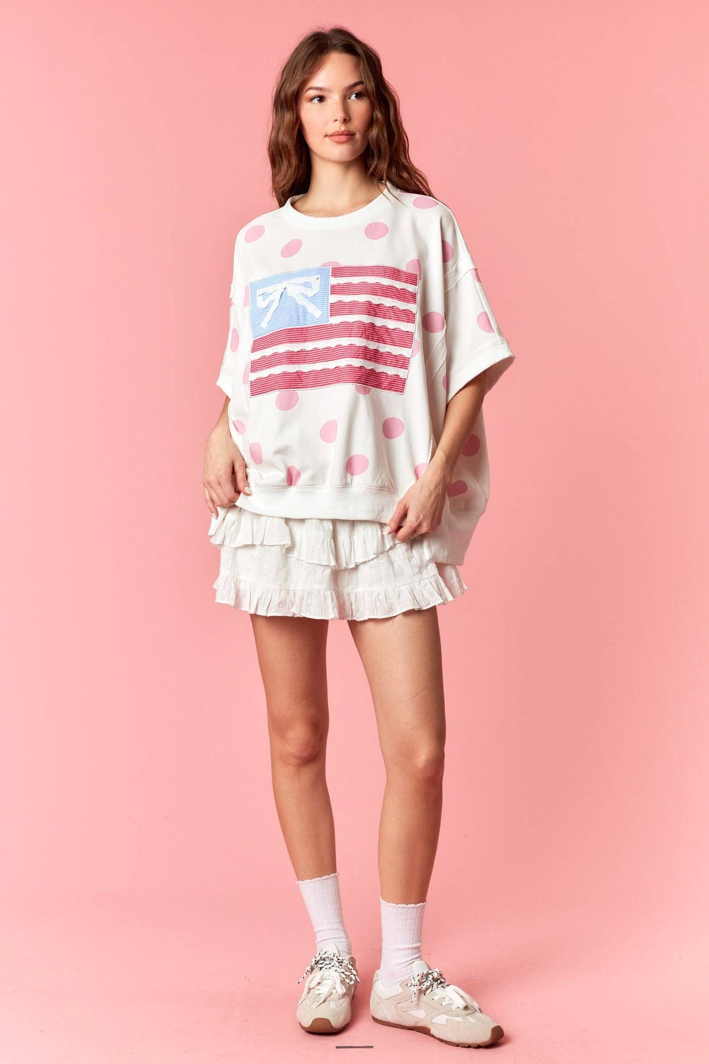 Big Dot French Terry Stars And Stripe Flag Patches Top: LT BLUE / OFF WHITE / 2-2-2(S-M-L)