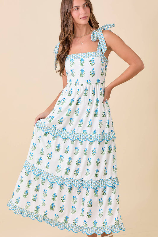 Shoulder Strap Tie Midi Dress With Floral Printed: WHITE/BLUE / S