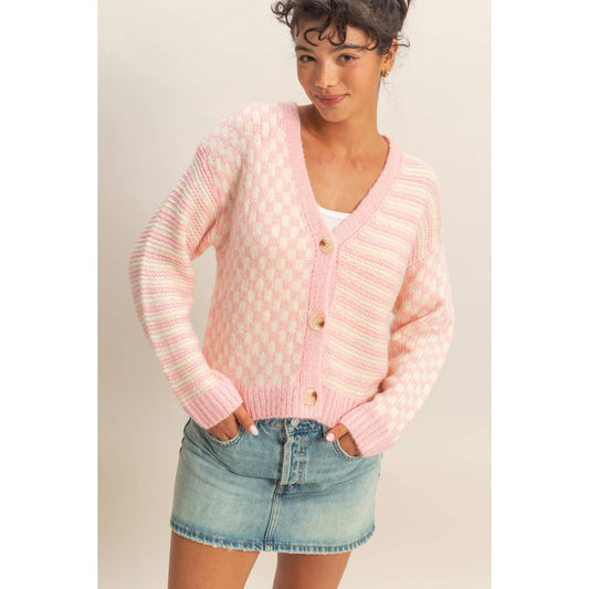 Checker And Stripe Contrast Knit Cardigan Sweater: SOFT PINK/CREAM / S-M-L(2-2-2)