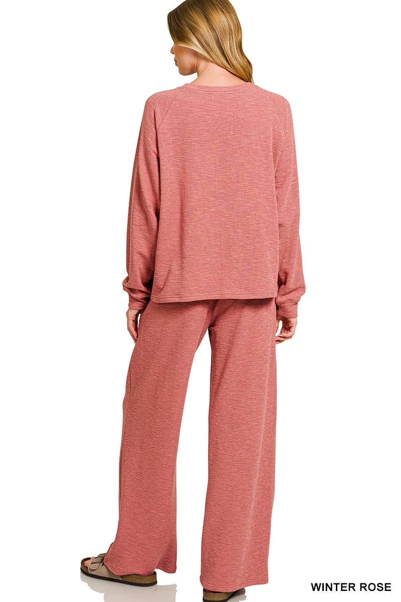 Slub Long Sleeve Top And Pants 2pcs Set: HUNTER GREEN / 1-1-1(S-M-L)