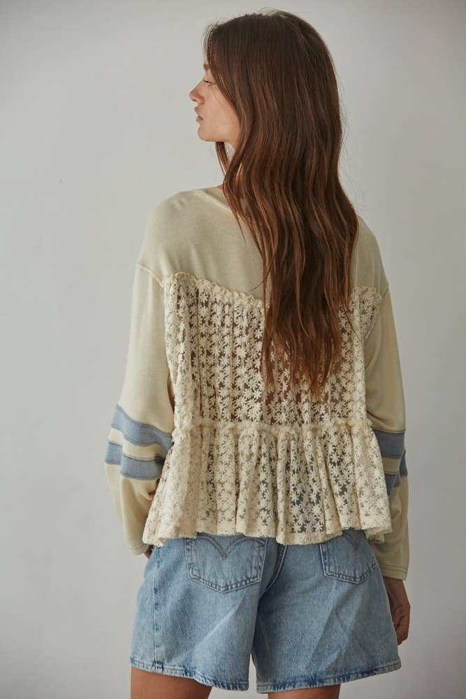 L5667| Knit V-Neck Long Sleeve Baby Doll Ruffle Contrast Top: Cream Blue / L