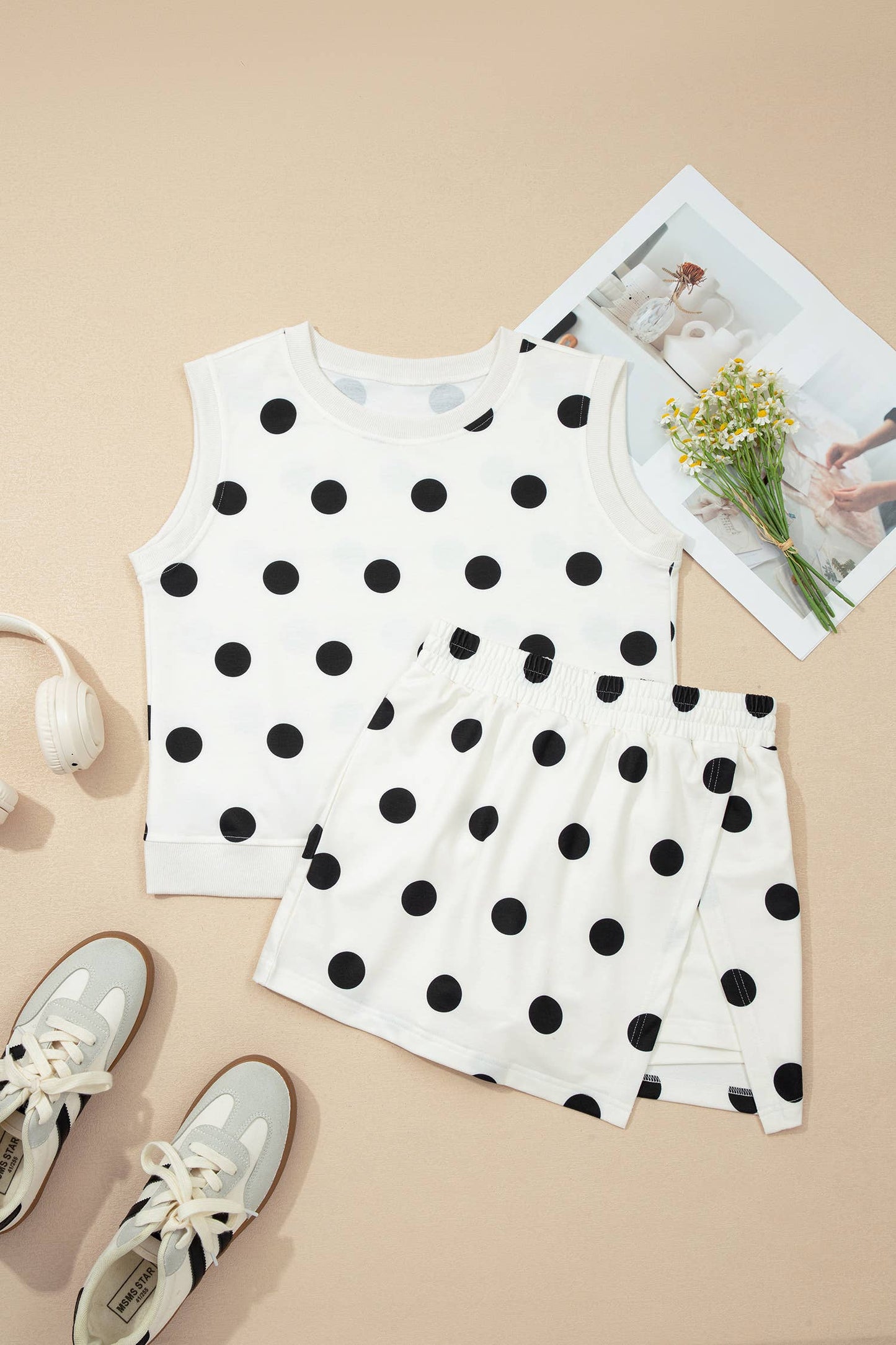 Plus Polka Dot Print Tank Split Mini Skort 2pcs Set (S-4X): White / M