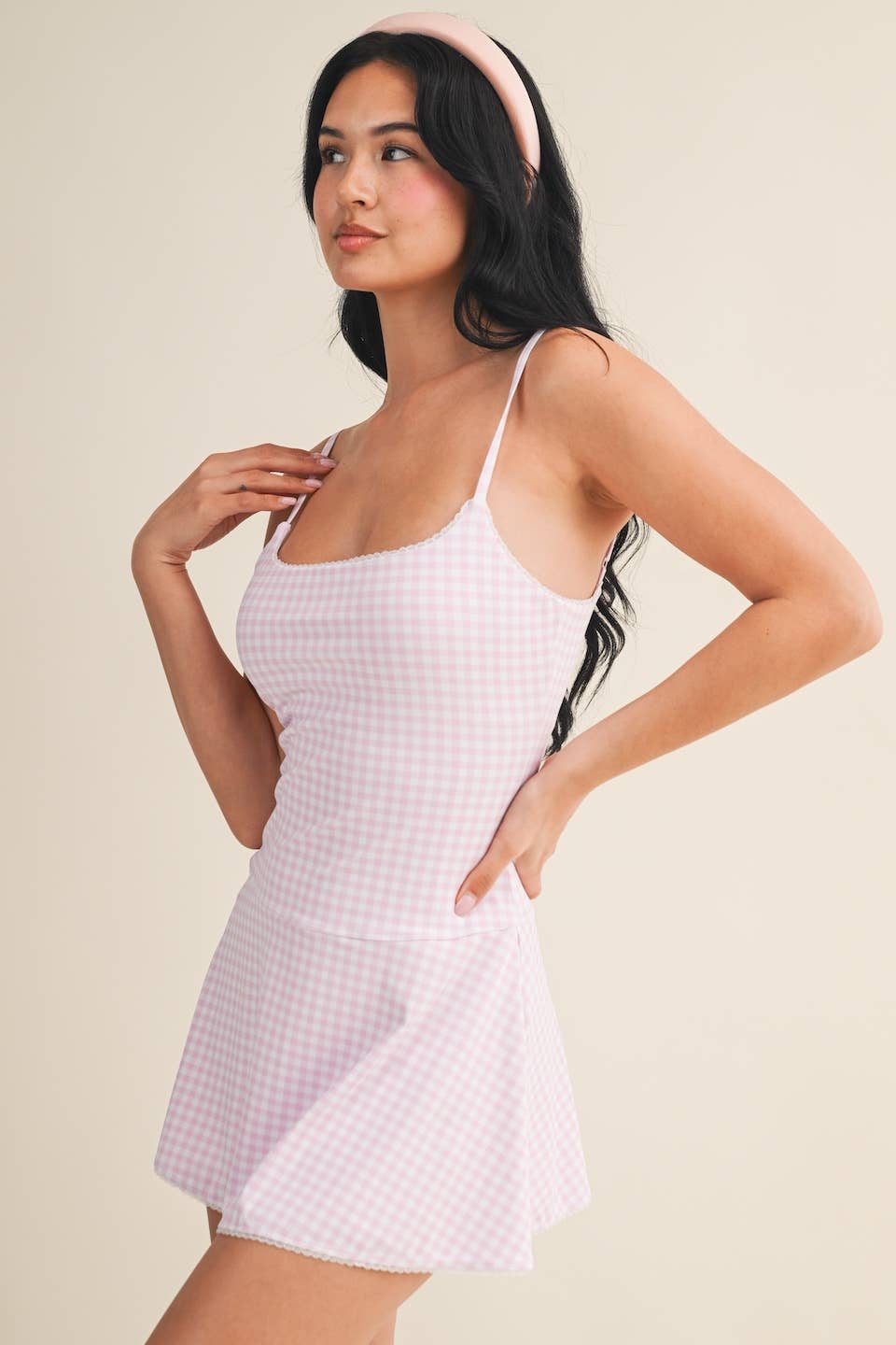 Gingham Print Lace Trim Ruffle Mini Dress: Blue Gingham / L