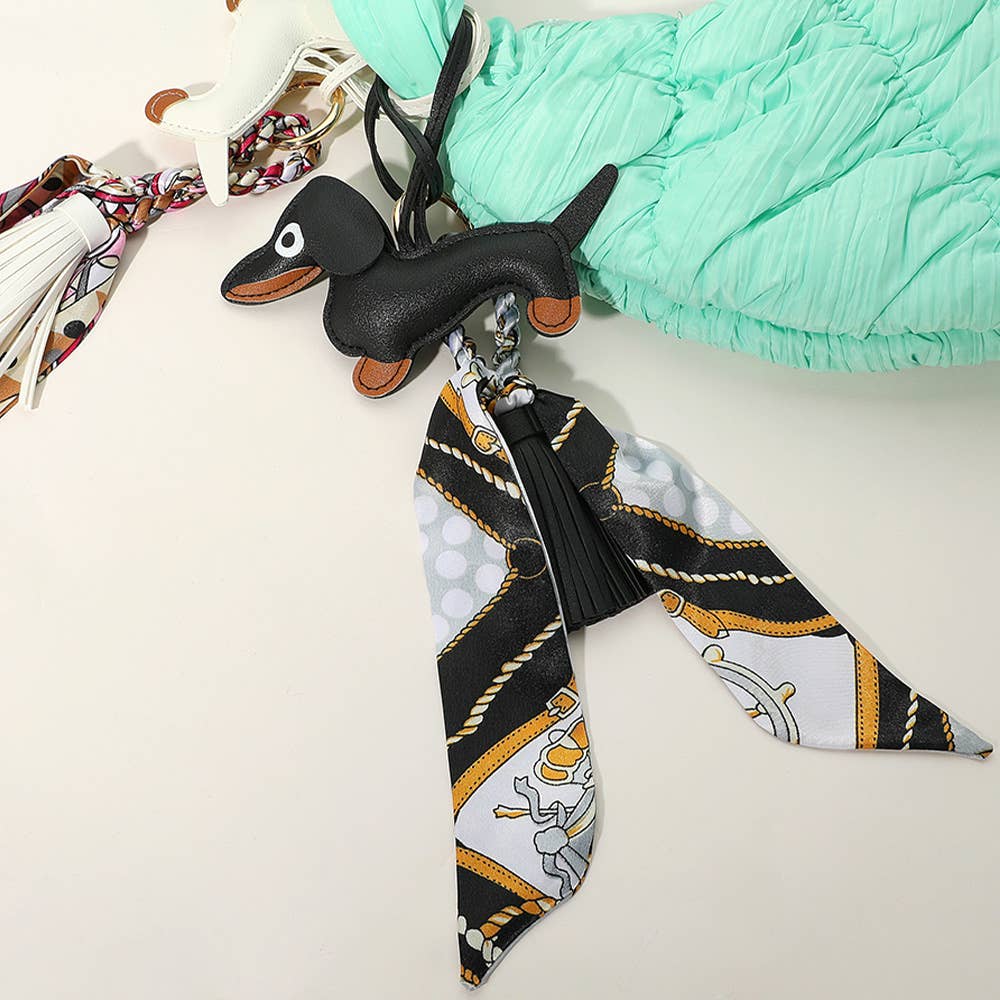 Faux Leather Dog Tassel Scarf Keychain / Bag Charm: Black