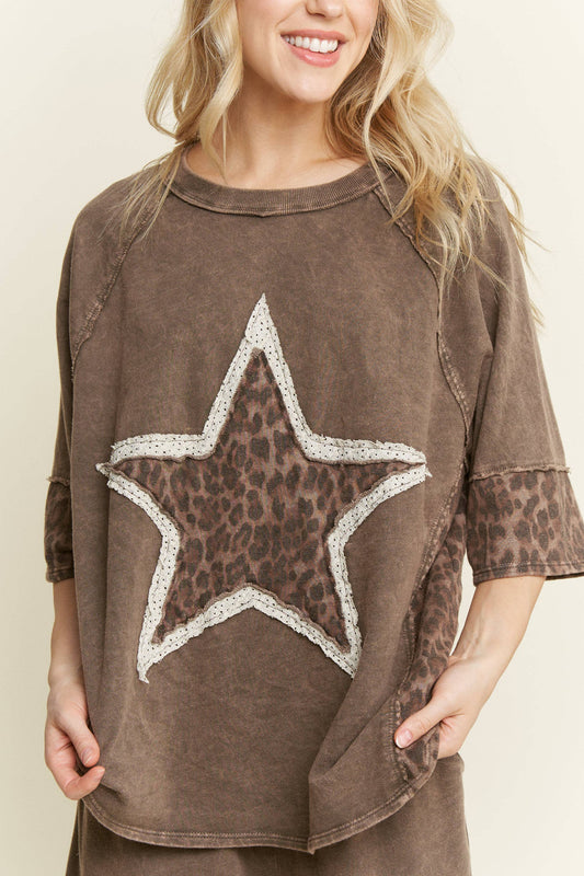Mineral Washed Leopard Star Halfsleeve top HT6628: Ash Oak / S-M-L / 2-2-2