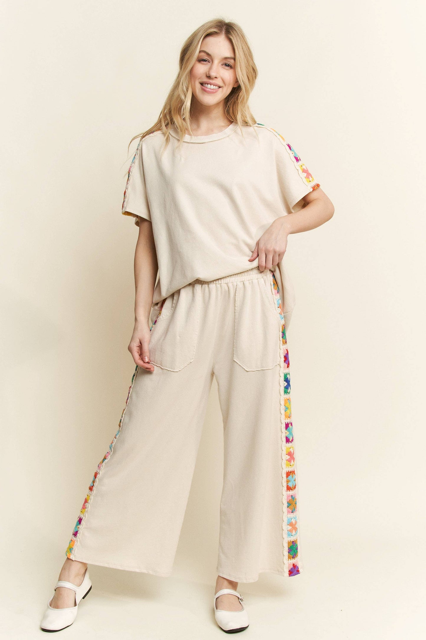 Mineral Washed Real Crochet patch side trim Pants HP6277: Natural / S-M-L / 2-2-2