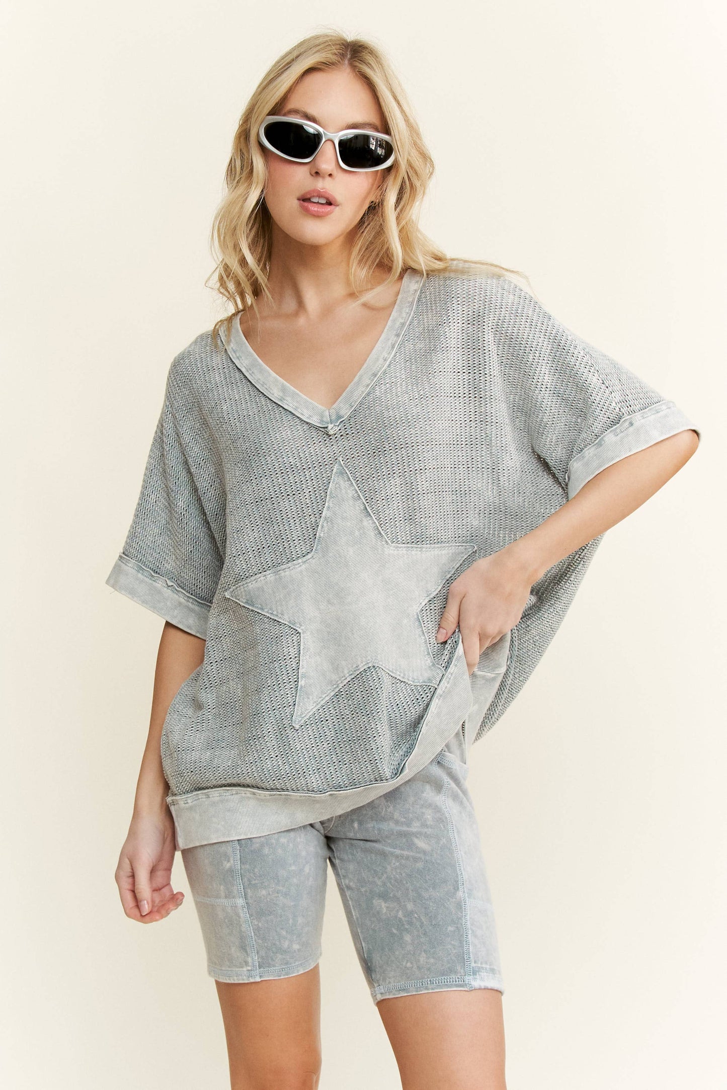 MineralWashed Star patched Mesh Knit Vest top HT6385: Silver Grey / S-M- L / 2-2-2