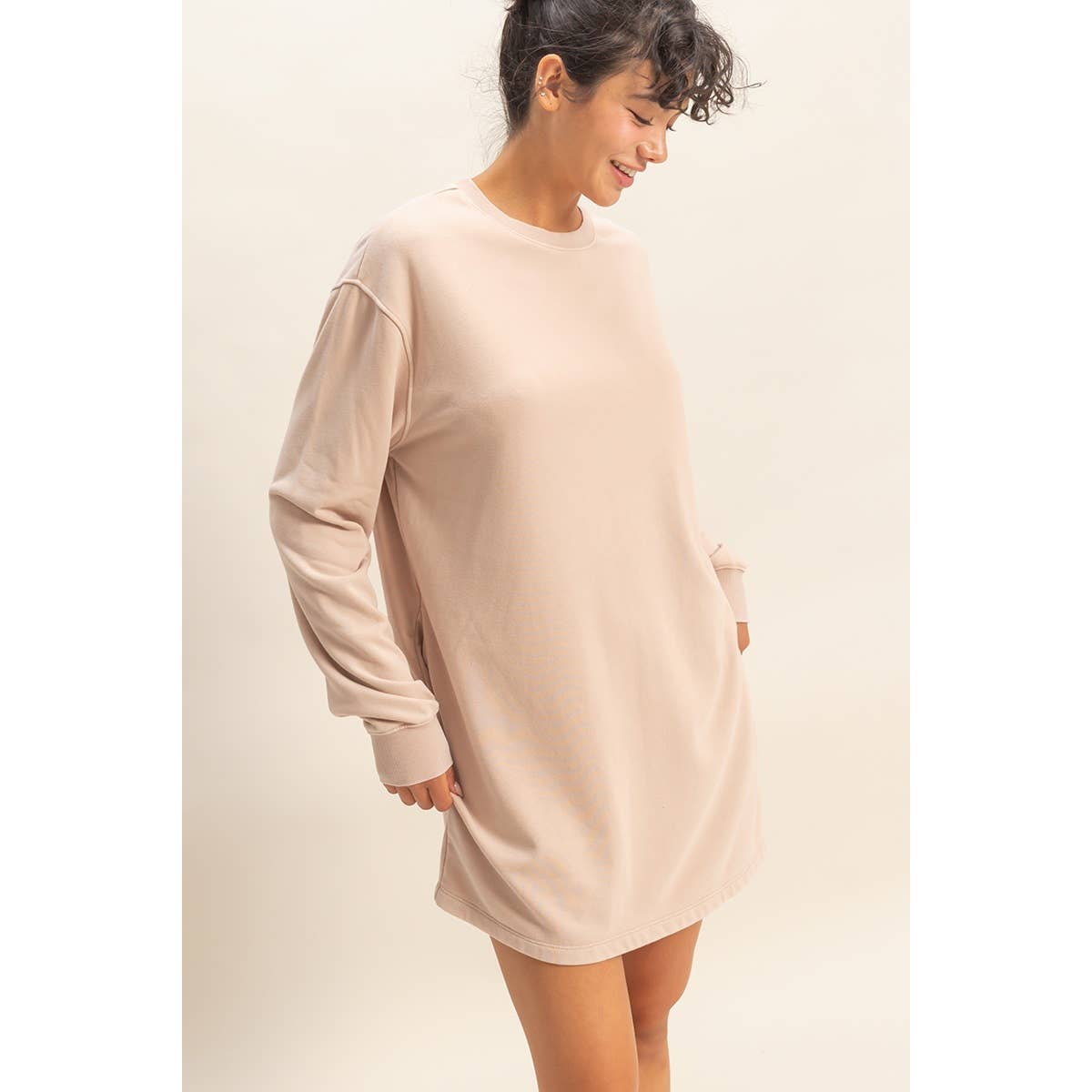 Mineral Washed Oversized Mini Sweatshirt Dress: CHESTNUT / S-M-L(2-2-2)