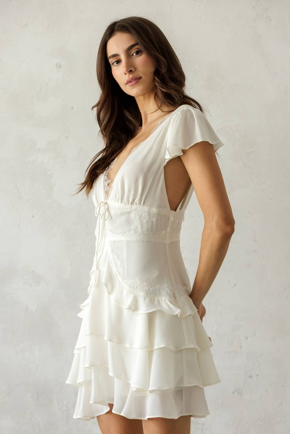 JD7934B- LACE TRIM TIERED MINI DRESS: IVORY / M