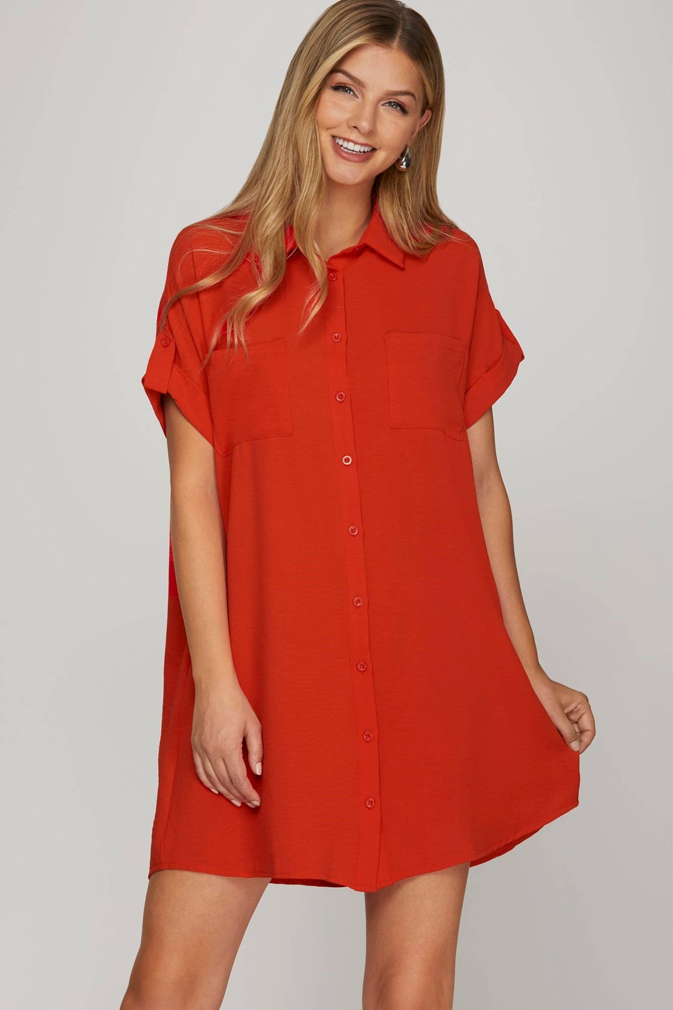 Drop Shoulder Button up Woven Shirt Dress: GREEN / 2-2-2 (S-M-L)