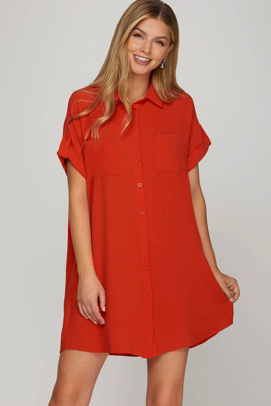 Drop Shoulder Button up Woven Shirt Dress: RED / 2-2-2 (S-M-L)