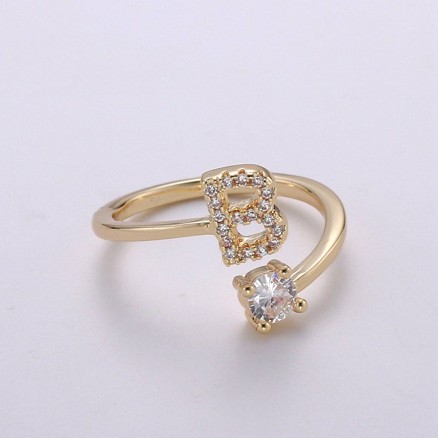 Adjustable Gold Initial Ring With CZ R370~R395: N