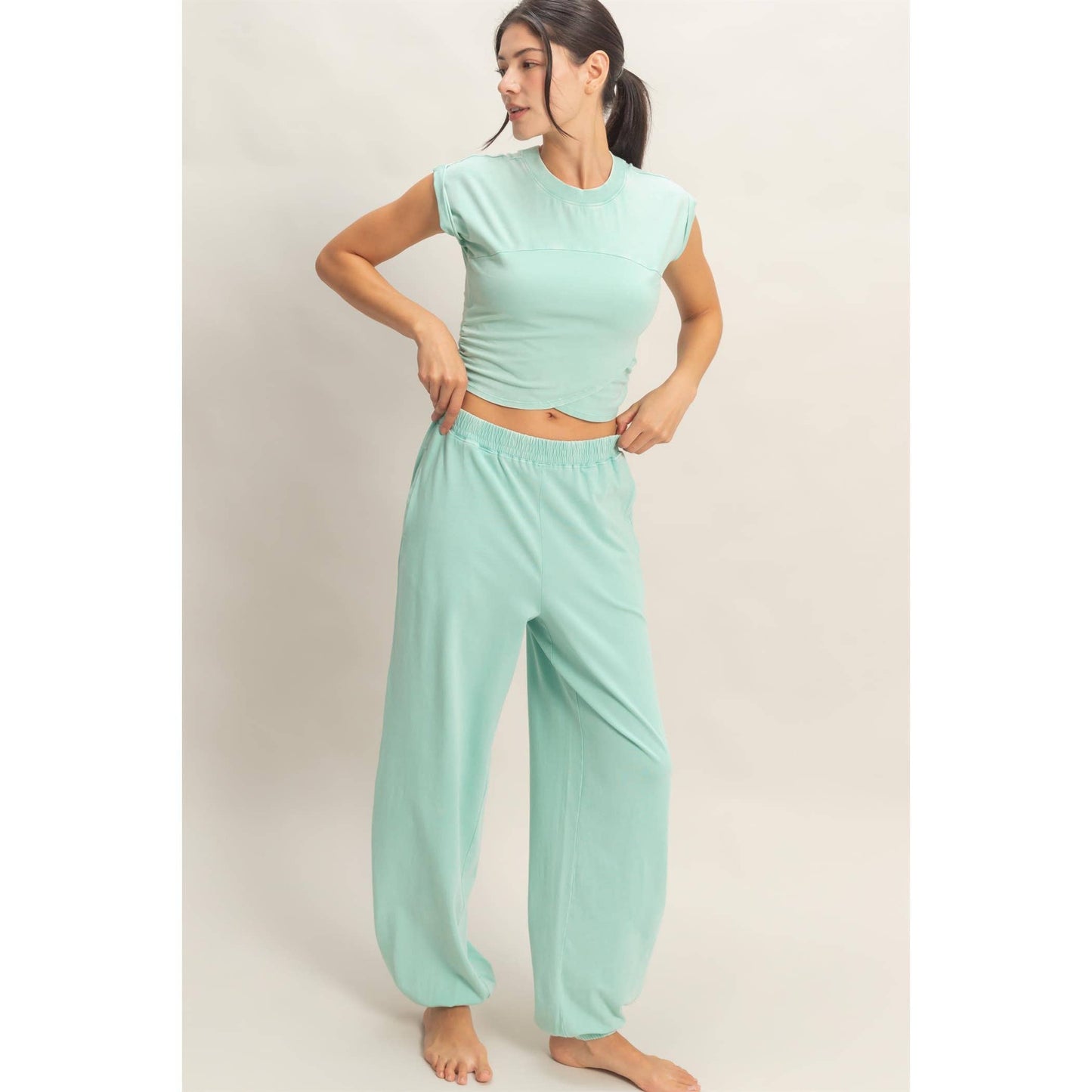 Rolled Sleeve Wrap-Front Crop Top And Jogger Set: DARK TEAL / S-M-L(2-2-2)