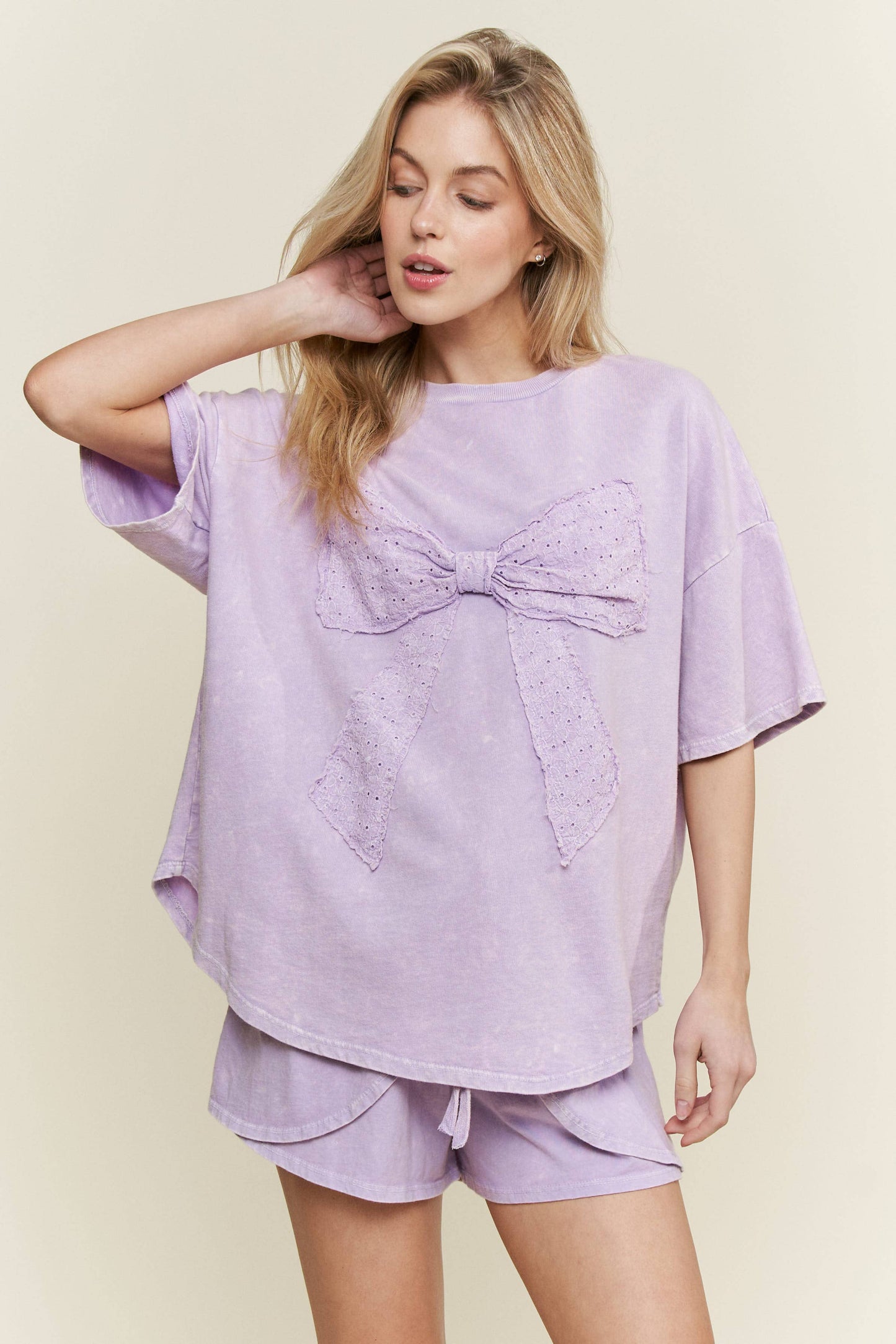 MineralWash Ribbon bow half sleeve shirt HT6308: Silver Grey / S-M-L / 2-2-2