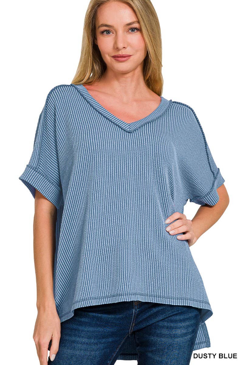 Raised Rib Short Sleeve Hi-low V Neck Top: RUBY / 3-3(S/M-L/XL)