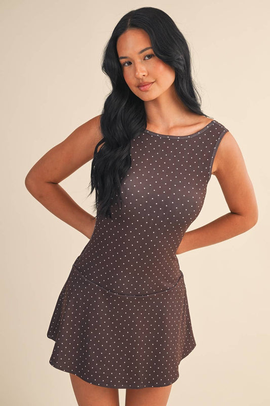 Polka Dot Print A-Line Mini Dress with Drop Waist: Brown Polka Dot / L