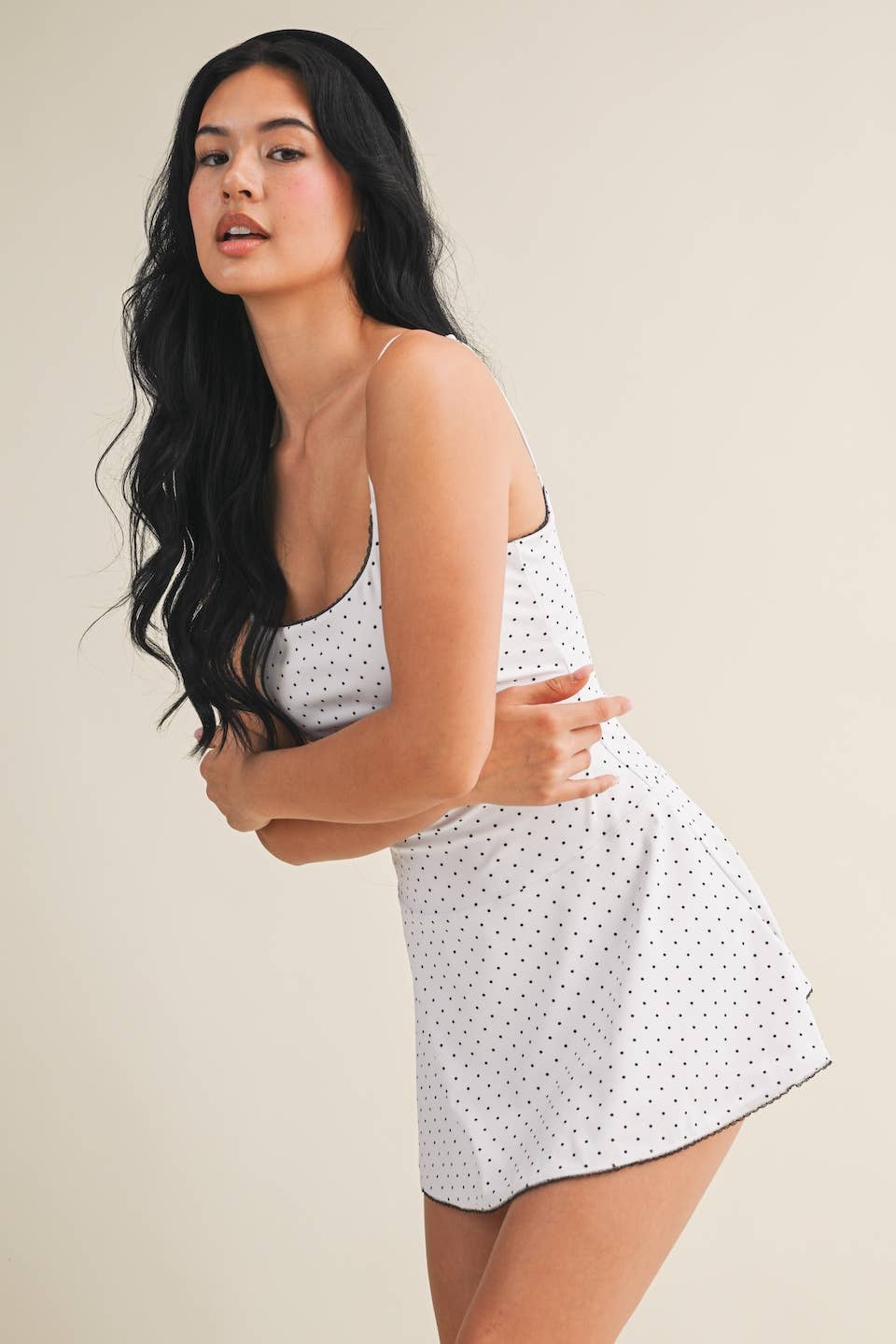 Polka Dot Print Lace Trim Ruffle Mini Dress: White Polka Dot / S