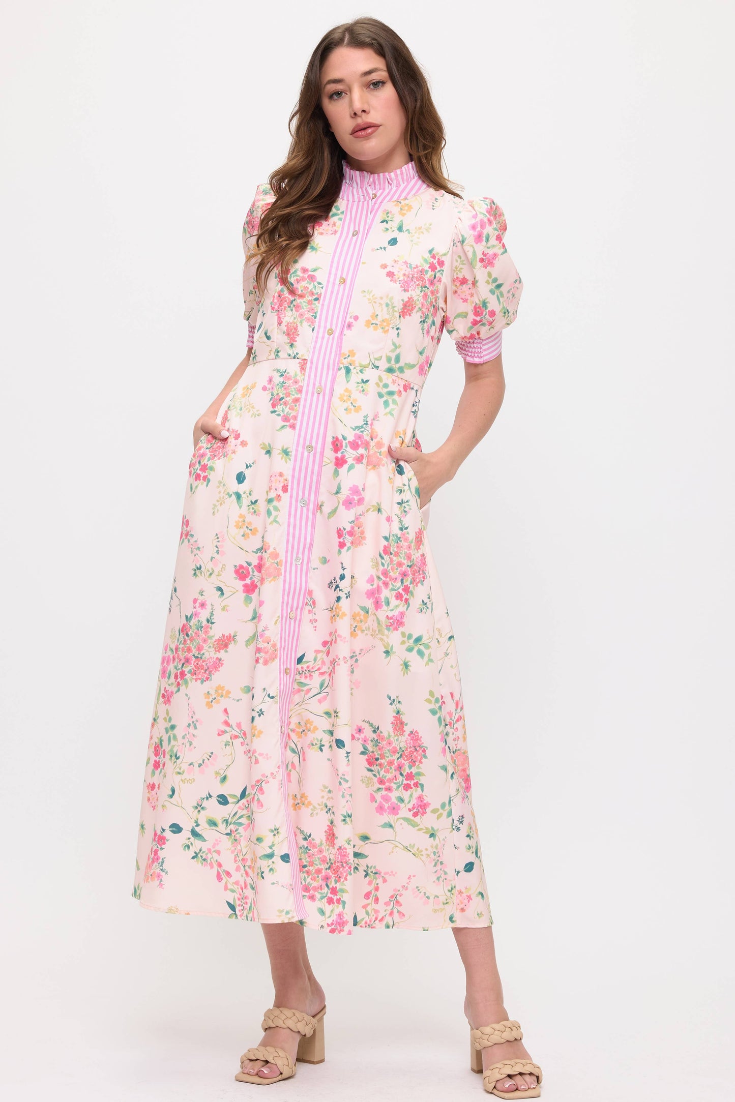 Floral Shirt Midi Dress: Light Pink / 2 S - 2 M - 2 L - 2 XL