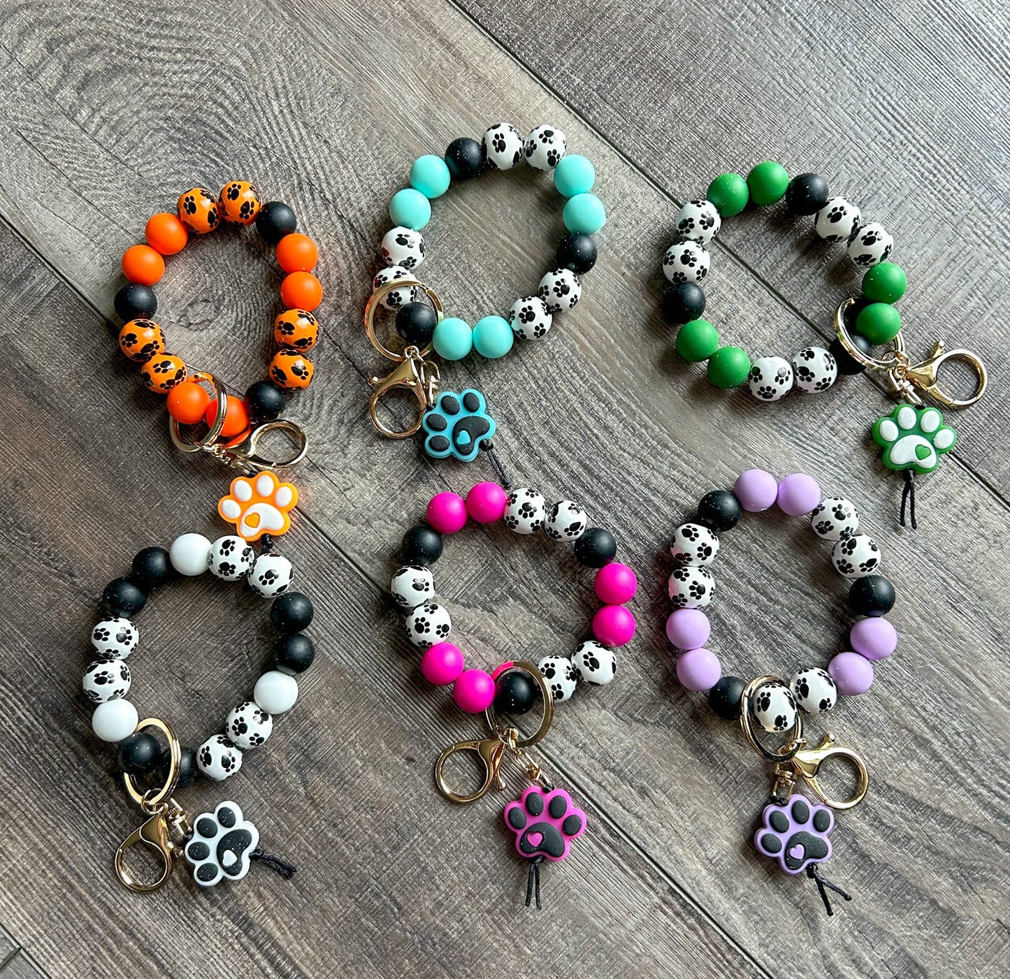 Paw Print Silicone and Wooden Bead Wristlet Keychain: Teal