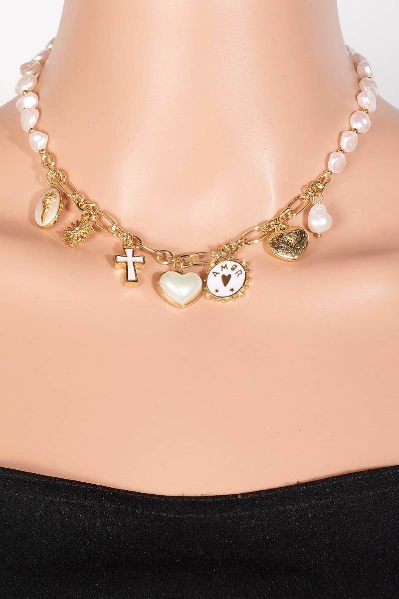 Heart Cross And Coins Pearl Beaded Necklace: GDCRM