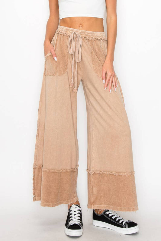 MineralWash Wide Pants with raw hem frayed details HP5536..: Latte / S-M-L / 2-2-2