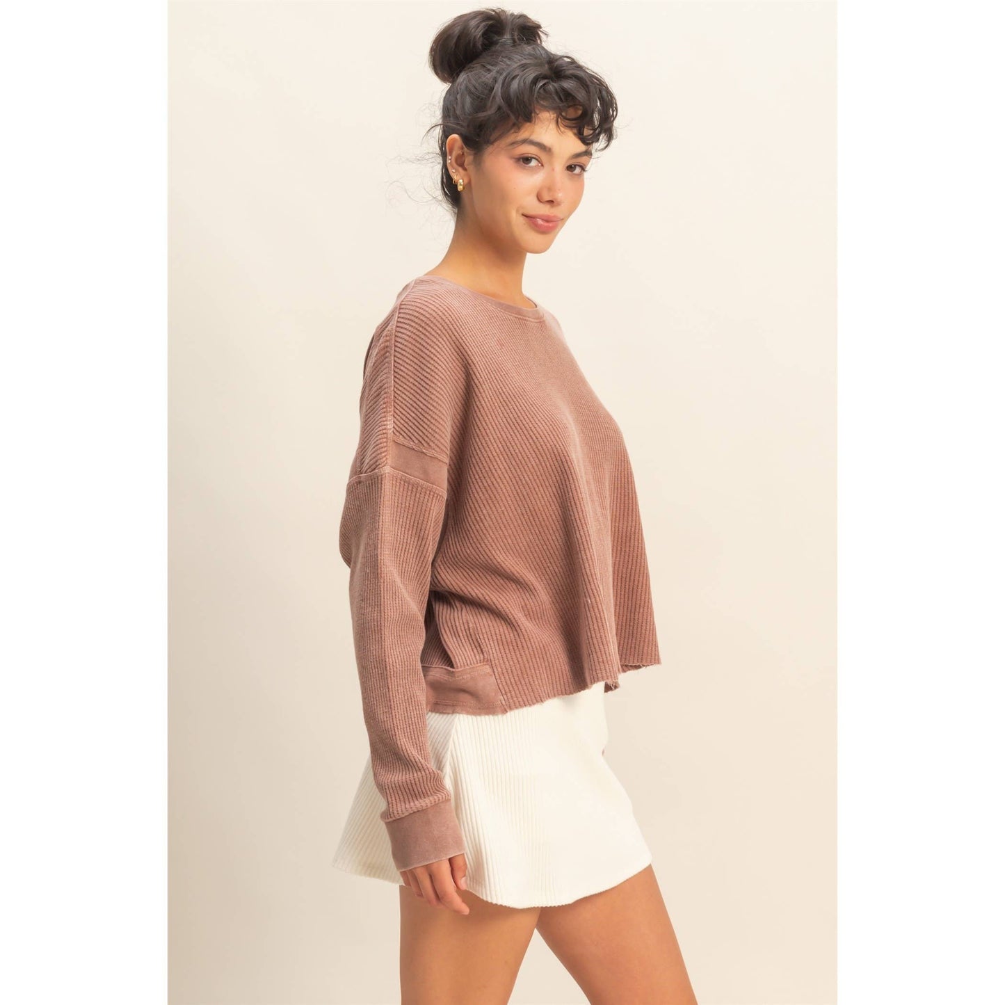 Chic Open Back Textured Knit Long Sleeve Top: CREAM / S-M-L(2-2-2)