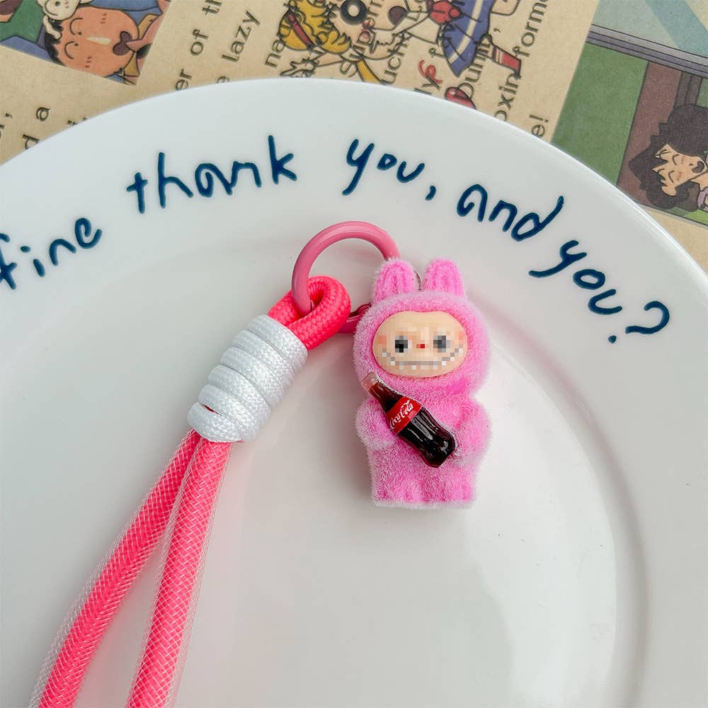 Get Cola in my hands Fluffy Labubu bag charm rope keychain: Purple