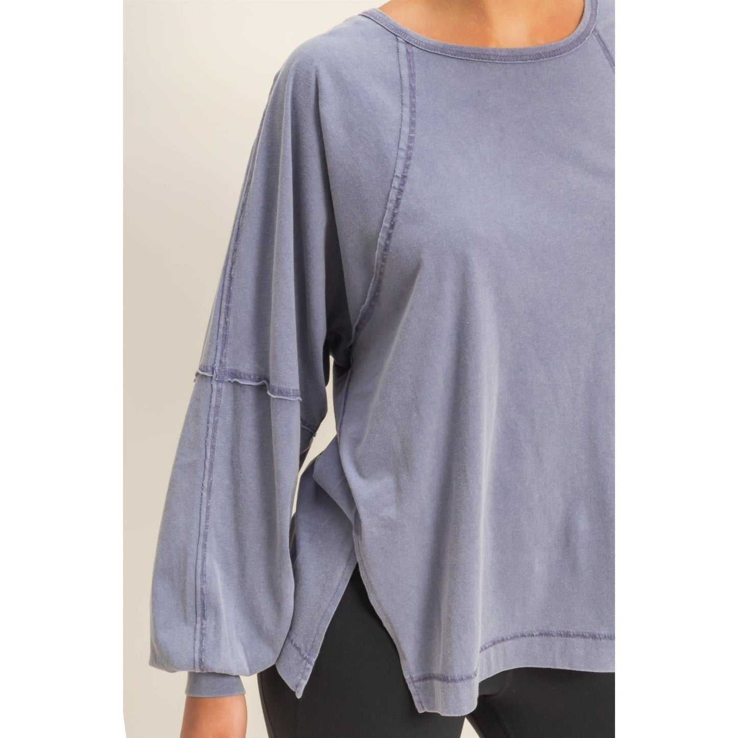 Washed Oversized Long Sleeve Top With Slit: BLACK / S-M-L(2-2-2)