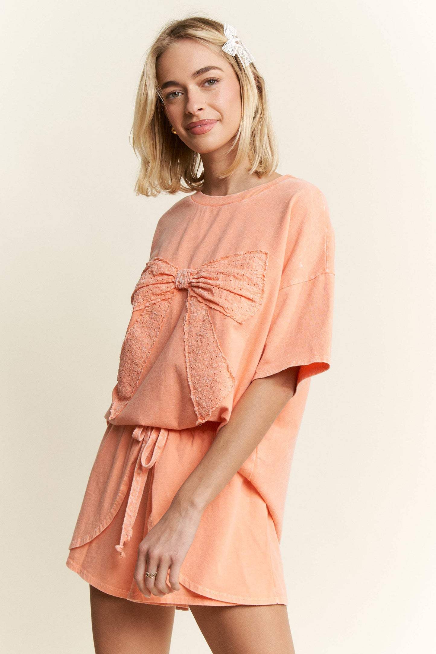 MineralWash Ribbon bow half sleeve shirt HT6308: Silver Grey / S-M-L / 2-2-2