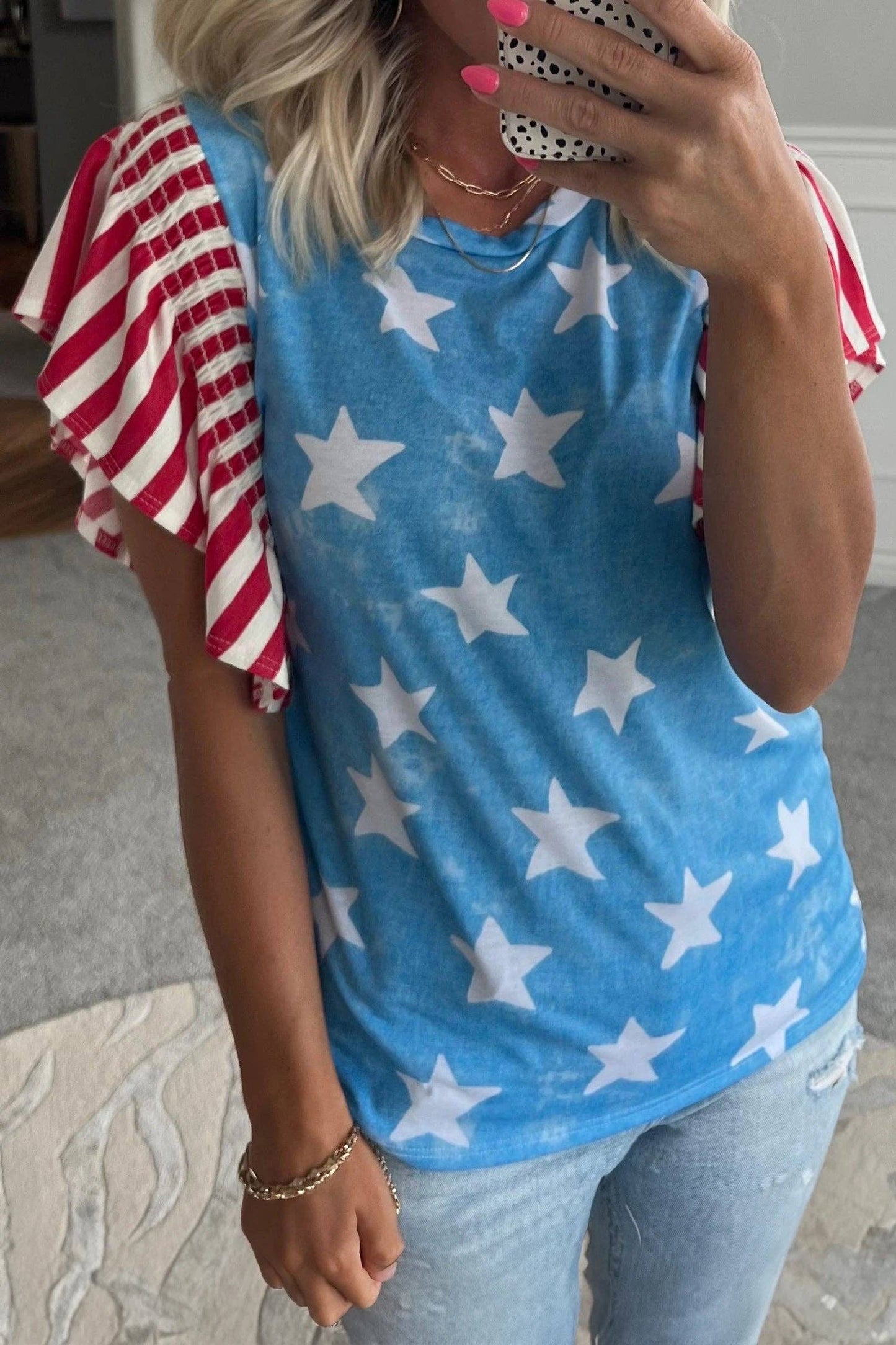 Blue Star Print Ruffle Sleeve Flag Day Patriotic Top: Sky Blue / 95%Polyester+5%Elastane / L