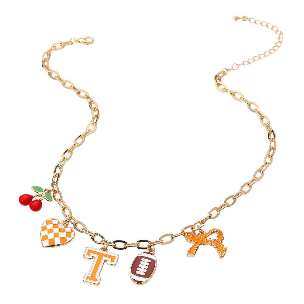 Football Theme Bow Cherry Heart Charm Station Necklace: Blue,Gold,White