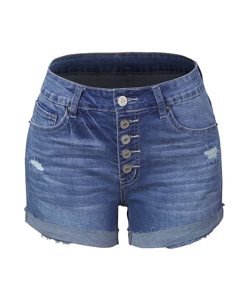 Stretch Button Denim Short: Blue / L