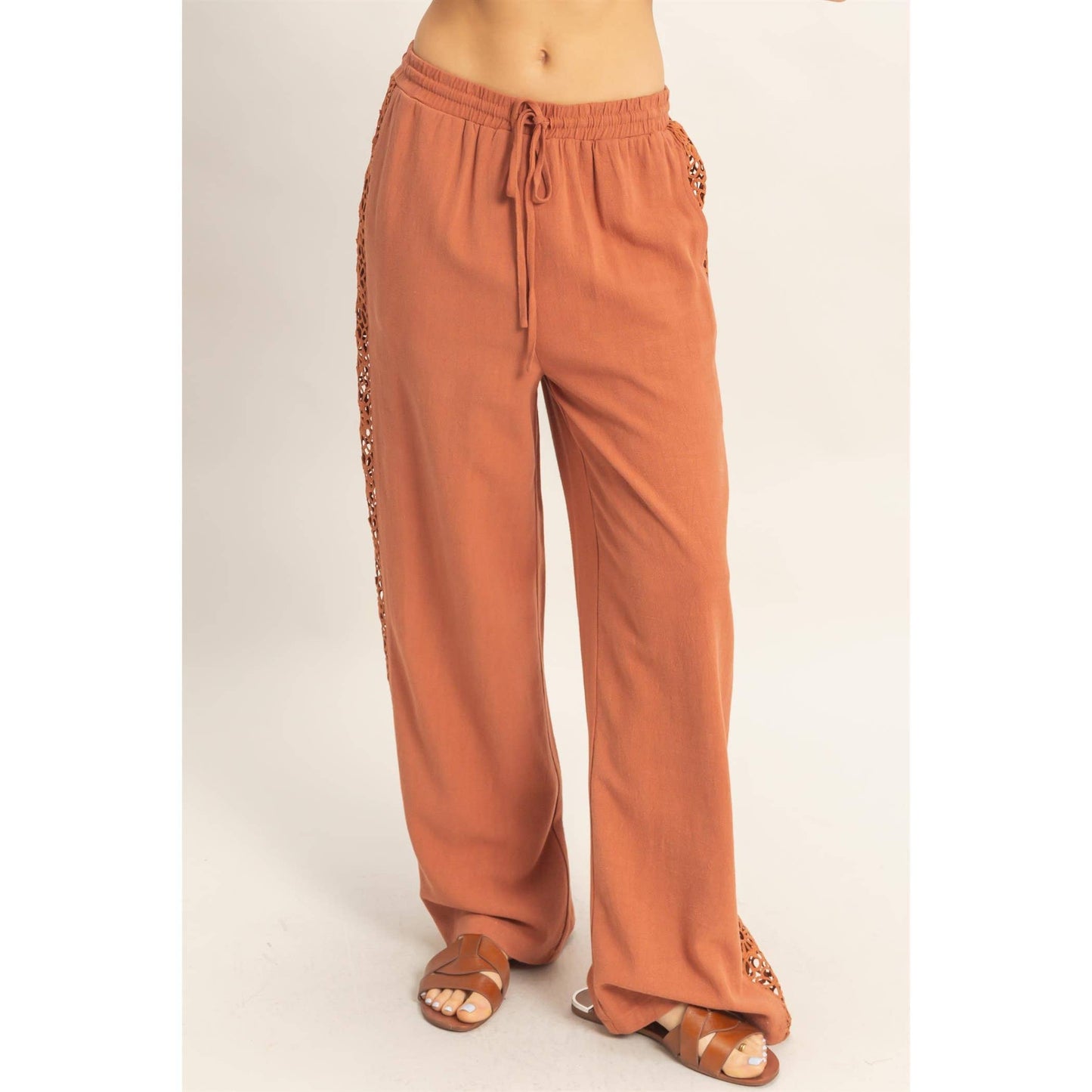 Lace Trim Wide Leg Pants: TERACOTTA / S-M-L(2-2-2)