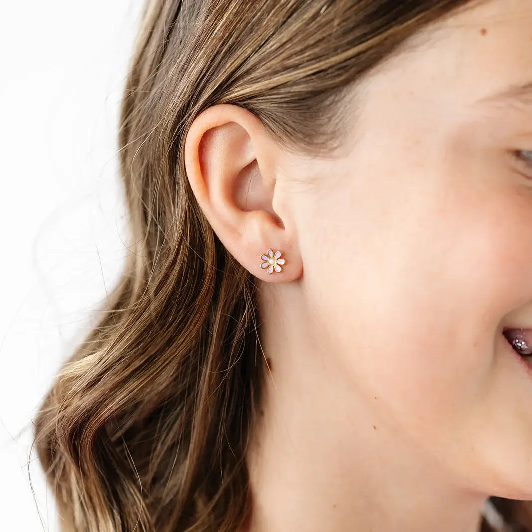Daisy Stud Earrings - Hypoallergenic, Flat Back, Girl Gift: White / Pair