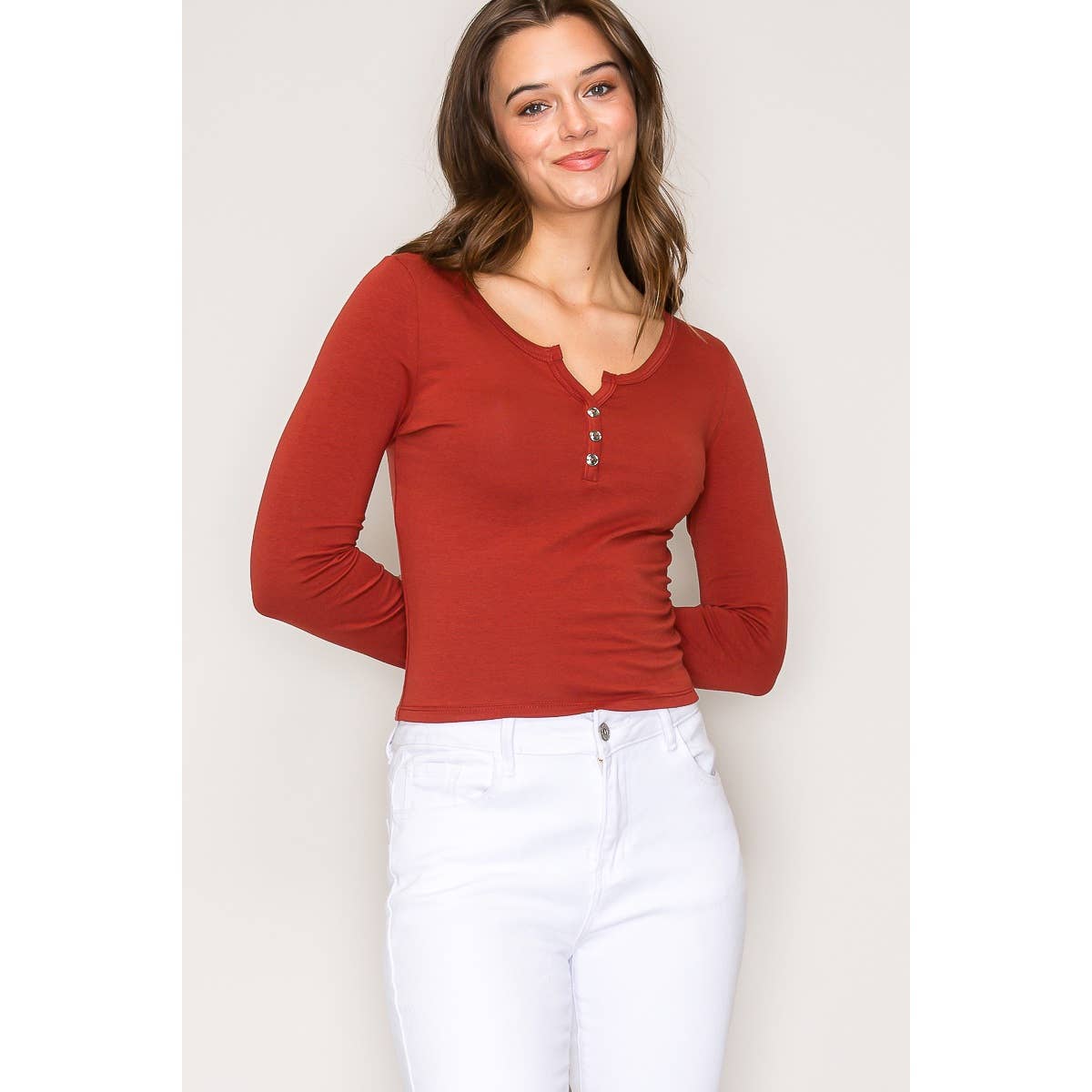 Notch V Neck Button Front Long Sleeve Cotton Top: Chili Oil / S-M-L(2-2-2)