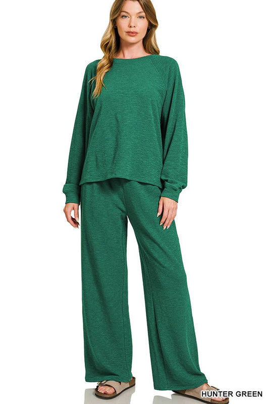 Slub Long Sleeve Top And Pants 2pcs Set: HUNTER GREEN / 1-1-1(S-M-L)