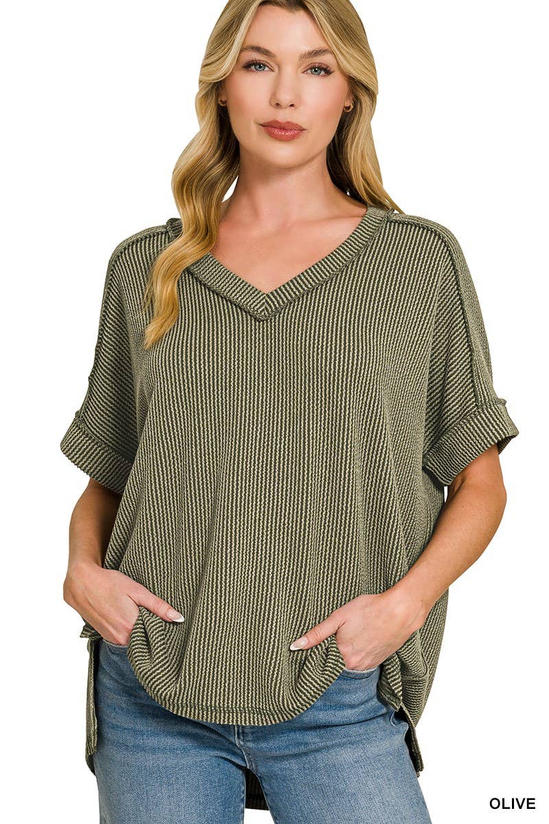 Raised Rib Short Sleeve Hi-low V Neck Top: RUBY / 3-3(S/M-L/XL)