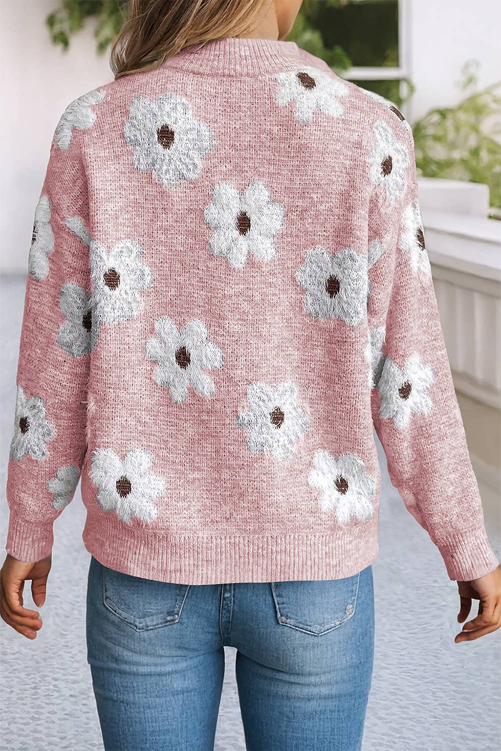 LDC Floral Pattern Drop Shoulder Half Zip Sweater: Green / Missy / XL