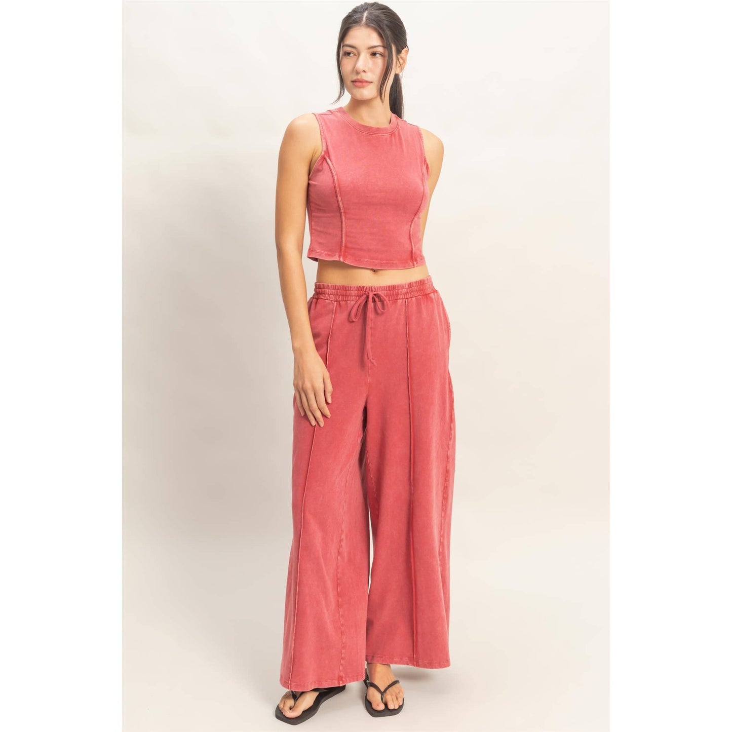Mineral Washed Sleeveless Top & Wide Leg Pants Set: FUCHSIA / S-M-L(2-2-2)
