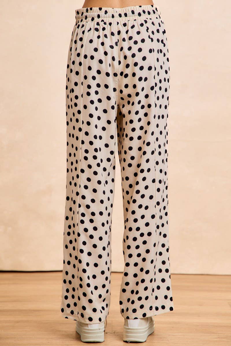 Polka Dot Front Binding Detail Straight Leg Pants: CREAM/BLACK / 2-2-2-2(S-M-L-XL)