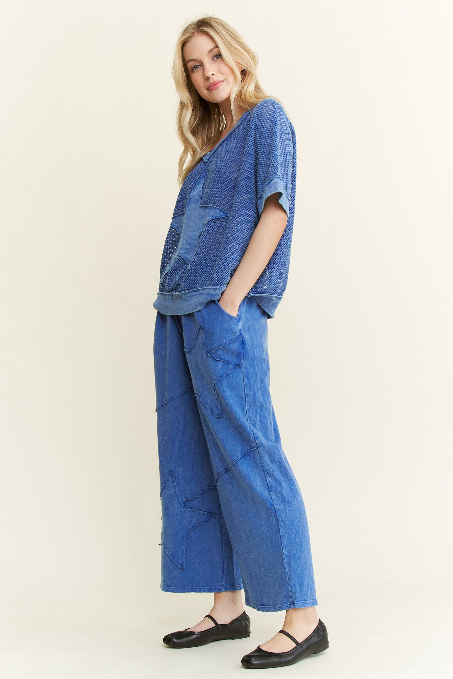 MineralWashed Star patched Mesh Knit Vest top HT6385: Silver Grey / S-M- L / 2-2-2