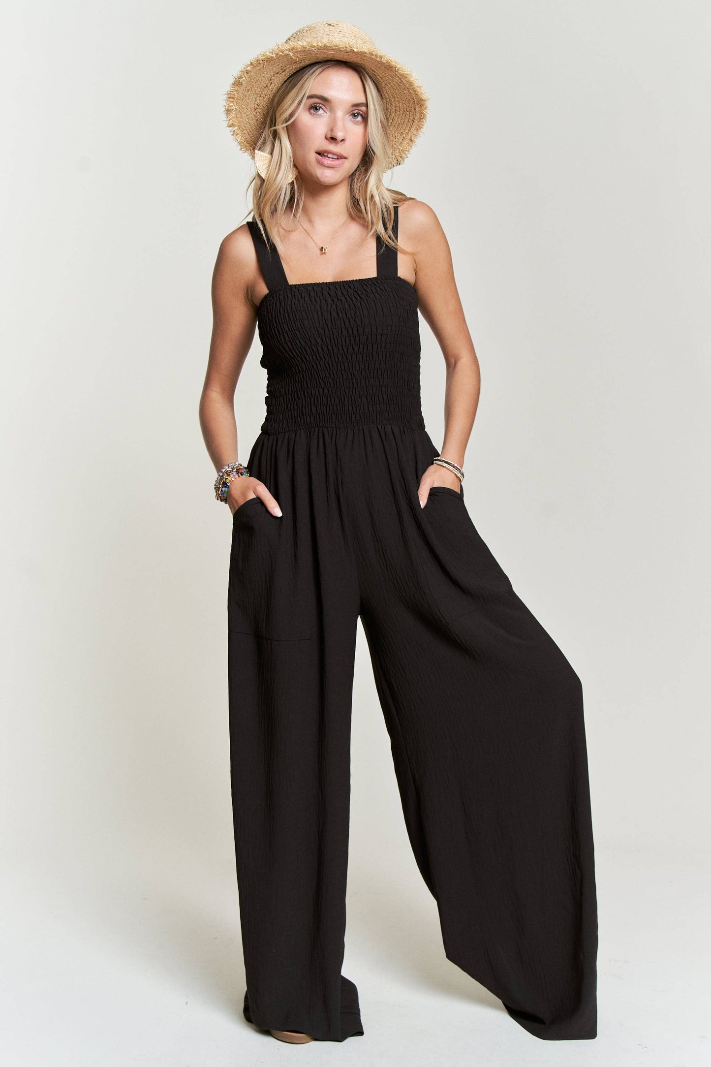 LJP16140 - SMOCKING TOP WIDE LEG JUMPSUIT: MIDNIGHT BLUE / M