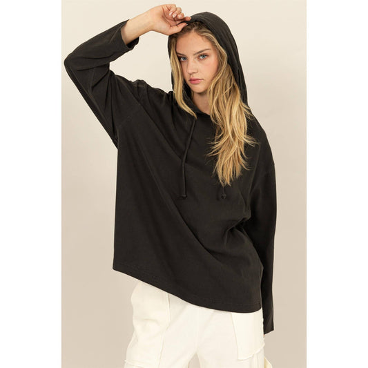 Oversized Hooded Long-Sleeve Top: BLACK / S-M-L(2-2-2)