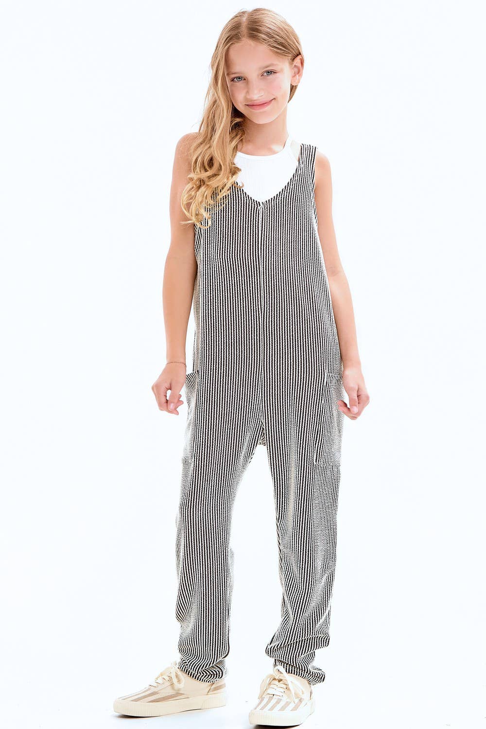 Embossed Rib Sleeveless Jumpsuit /Overall /Onesie: Navy / M