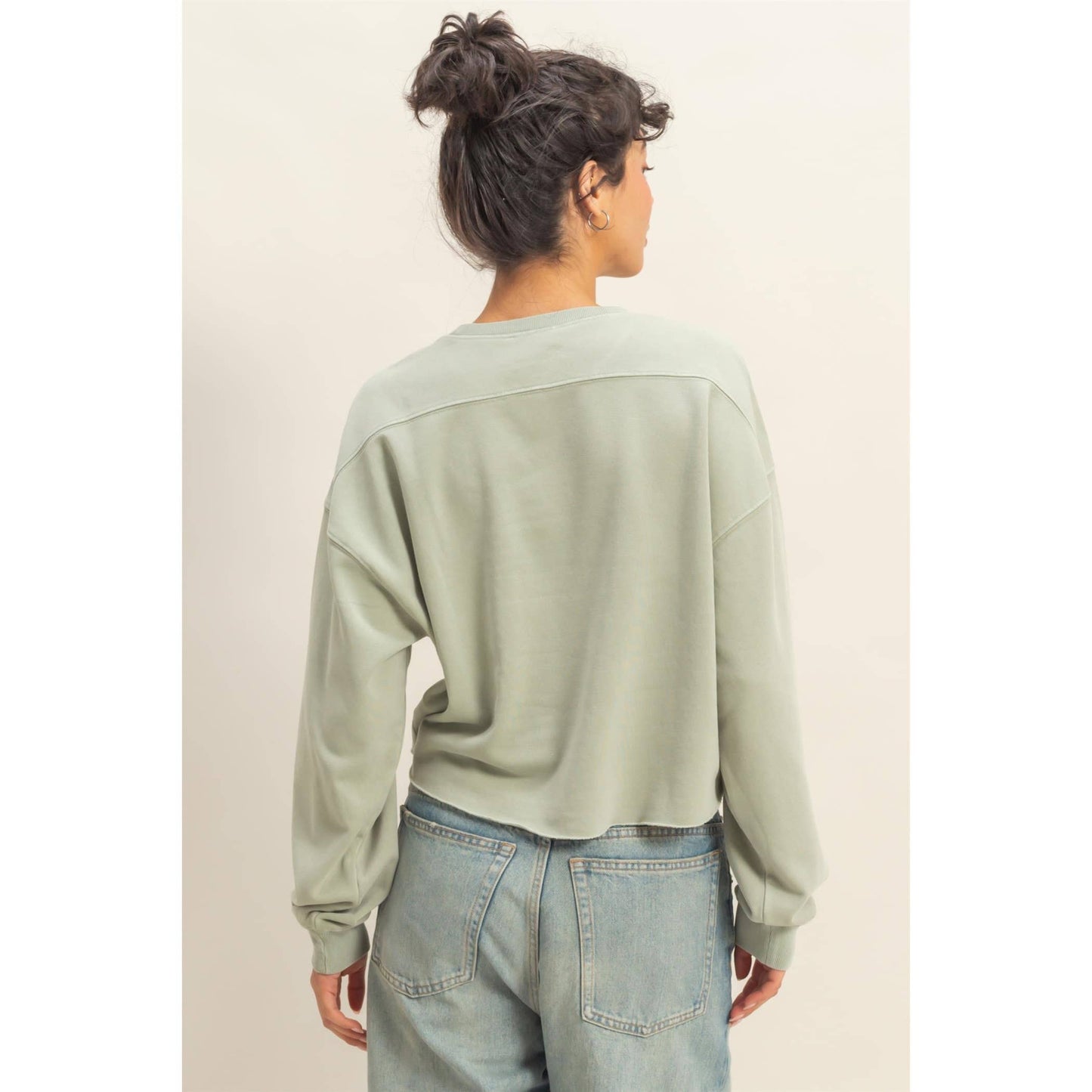 Cropped Crewneck Sweatshirt With Oversized Sleeves: BLACK / S-M-L(2-2-2)