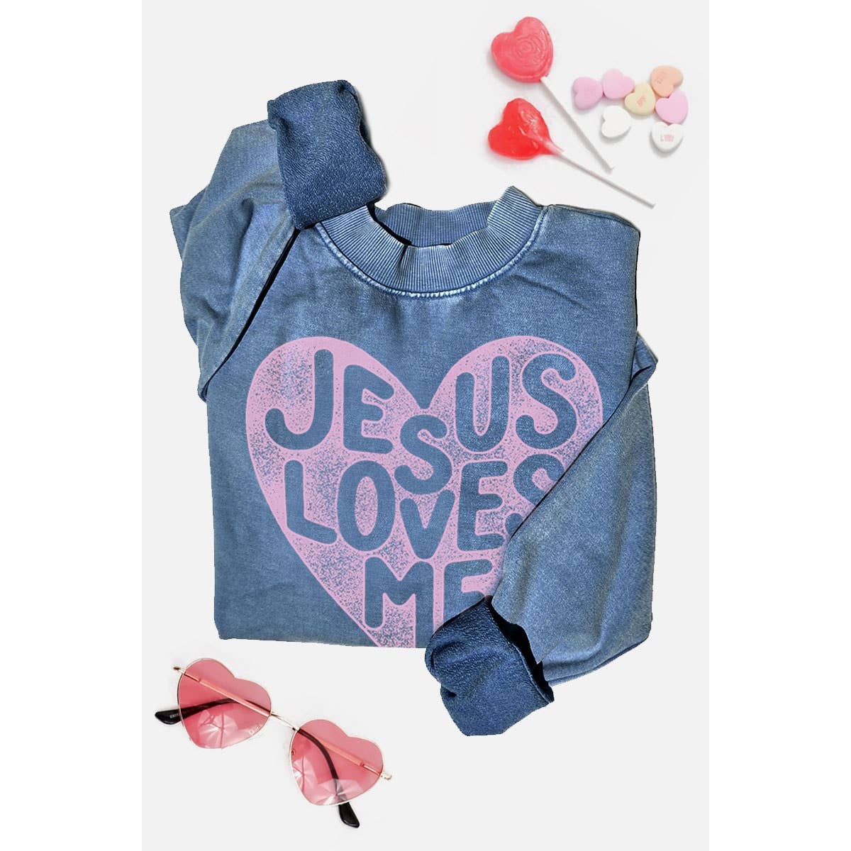 JESUS LOVES ME MINERAL GRAPHIC SWEATWHIRTS: Mineral Grey / S-M-L-XL(1-2-2-1)
