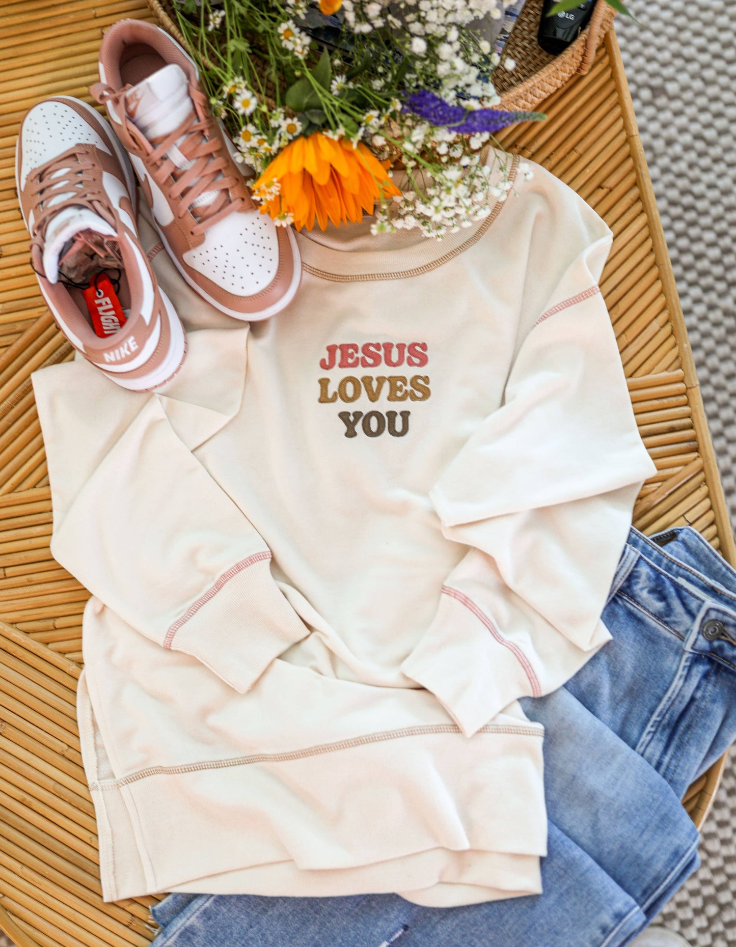 Jesus Loves You Embroidery - Light Weight Stitch Sweatshirt: Large