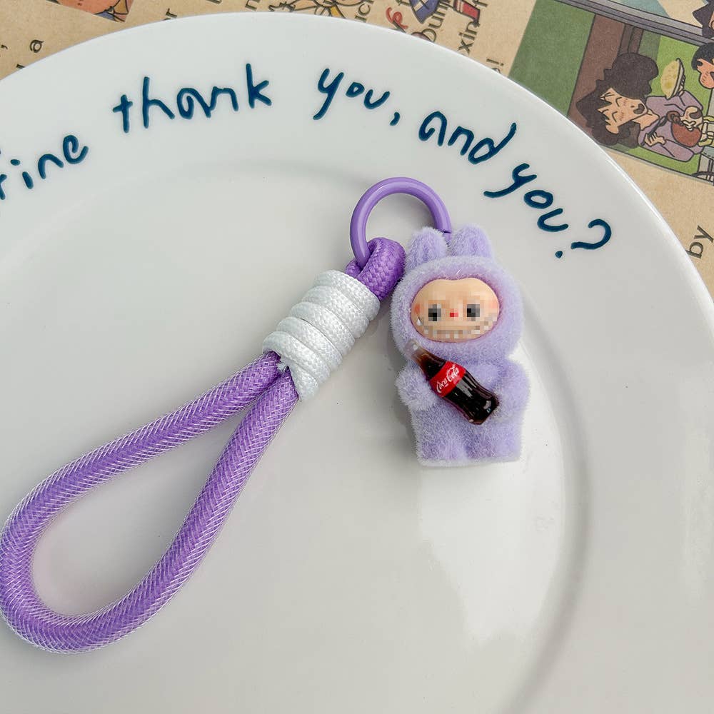 Get Cola in my hands Fluffy Labubu bag charm rope keychain: Purple