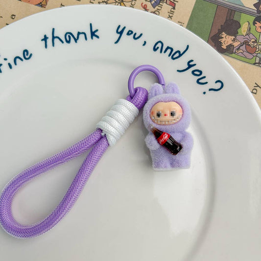 Get Cola in my hands Fluffy Labubu bag charm rope keychain: Purple